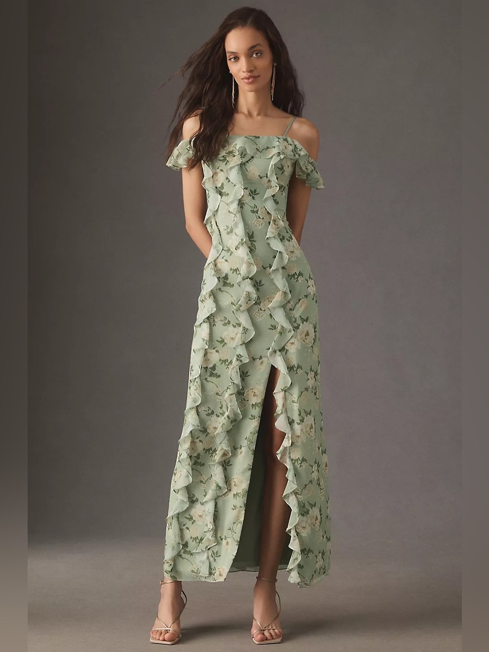 Dreamy Anthropologie BHLDN Off-Shoulder Ruffled Green Chiffon Maxi Dress XXS - Picture 7 of 12